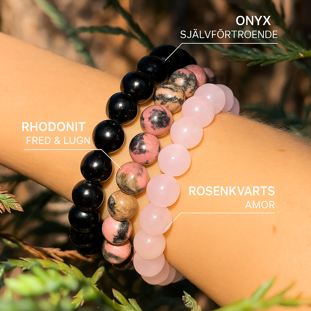 Trioarmband "Frid & Balans" i Onyx, Rosenkvarts & Rhodonit
