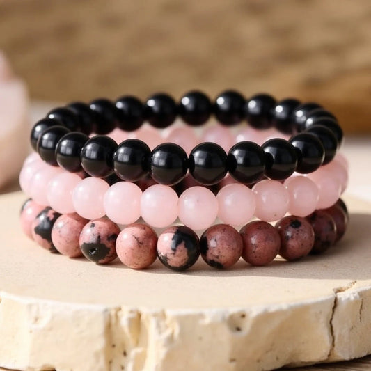Trioarmband "Frid & Balans" i Onyx, Rosenkvarts & Rhodonit